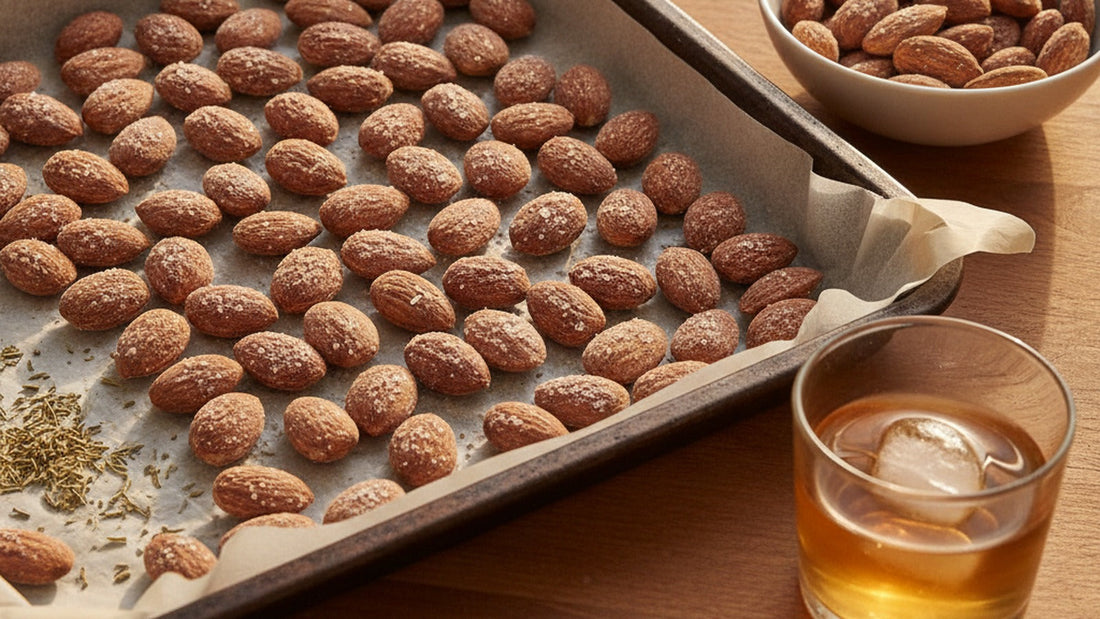 A rimmed baking sheet of whole roasted almonds with a fine white salt bloom on their brown skins, one almond split open to show a pale golden interior