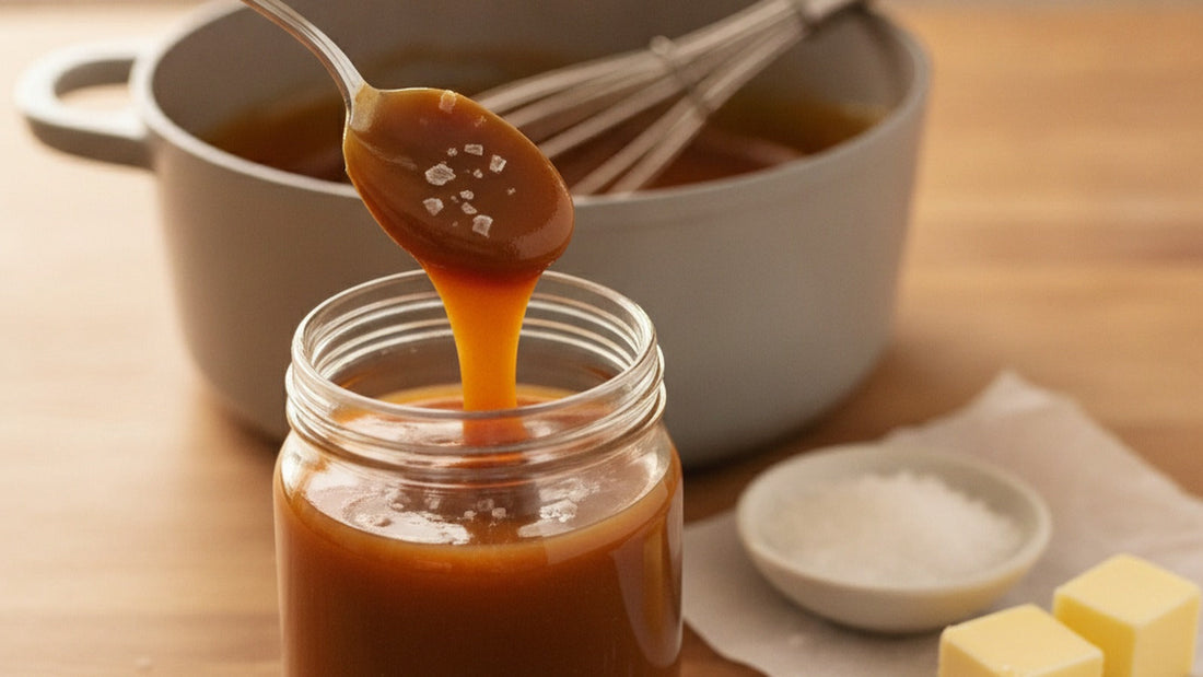 A spoon lifting thick amber salted caramel from a glass jar, flakes of sea salt on the glossy surface, a light saucepan of caramel behind