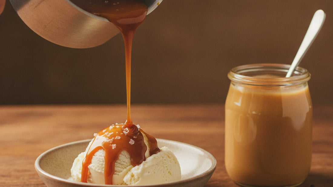Deep amber caramel sauce poured from a small saucepan in a glossy ribbon over a bowl of vanilla ice cream, with a few flakes of sea salt on top