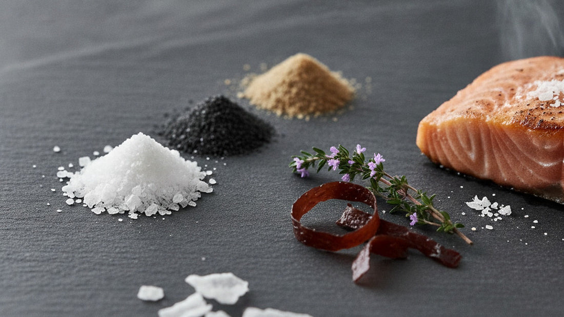 Small mounds of white pyramid-shaped flaky sea salt, black flaky salt and pale smoked salt on dark basalt stone, with a sprig of wild thyme and a slice of seared salmon