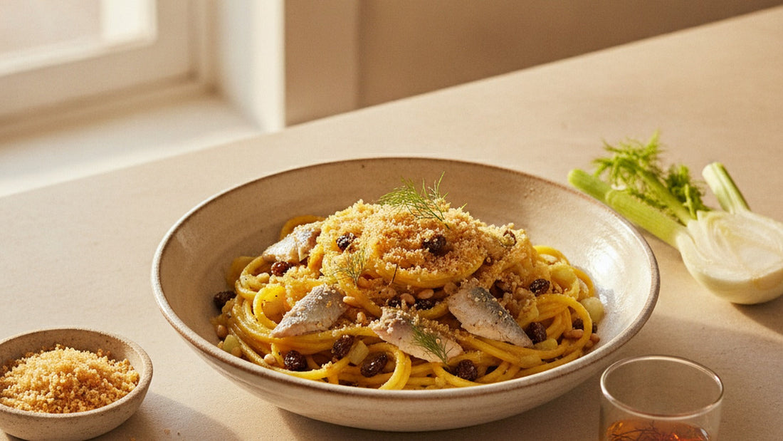 A shallow bowl of bucatini tossed with sardine pieces, soft fennel, raisins and pine nuts, golden with saffron and topped with toasted breadcrumbs and fennel fronds