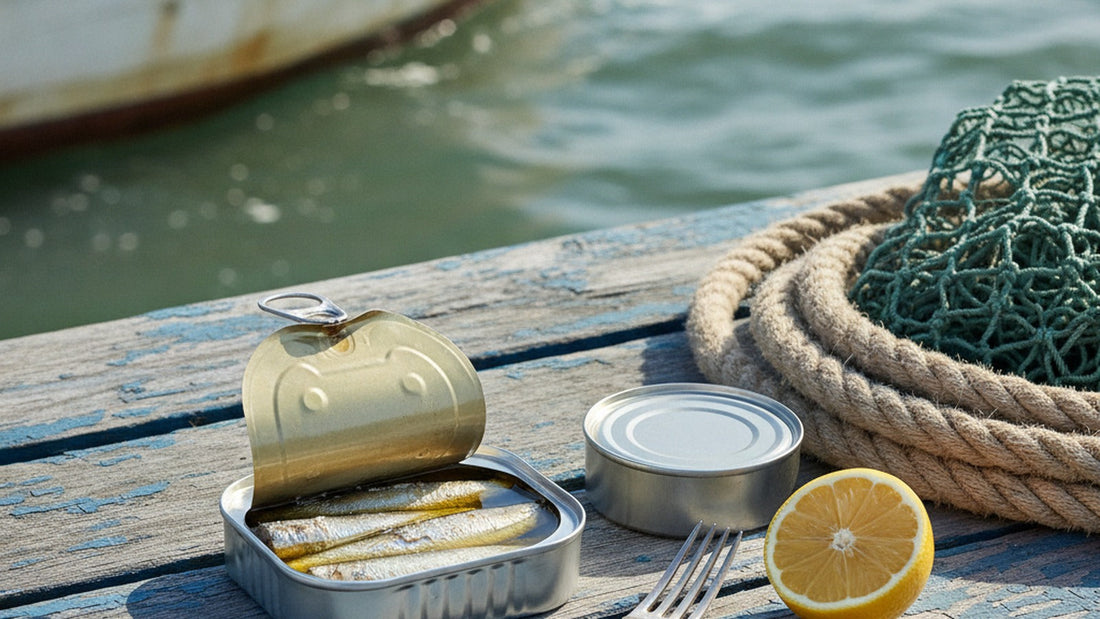 An opened tin of sardines in olive oil on a weathered blue wooden dock beside a coil of rope and a folded fishing net, a plain closed tin and a lemon half, with the sea out of focus behind
