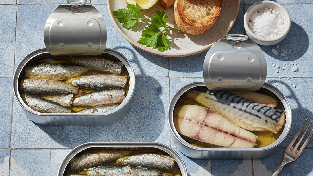 Three opened tins on a blue tiled table, two of small whole silver sardines in olive oil and one of striped mackerel fillets, beside toast, lemon, parsley and a dish of salt