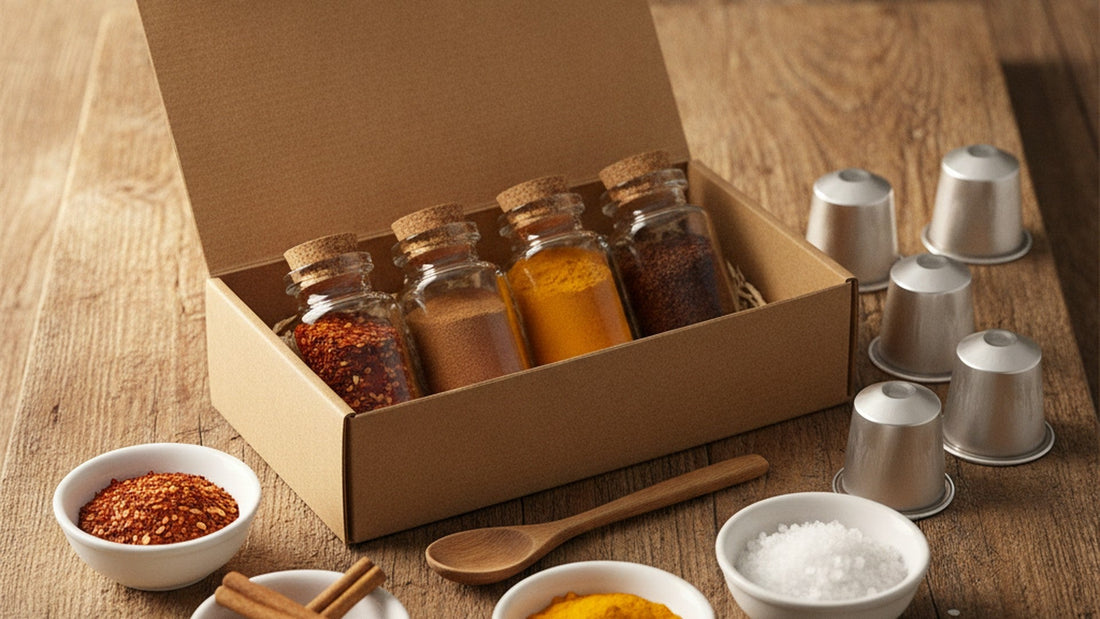 Four glass spice jars with cork stoppers in an open kraft box, six small aluminum pods on a wooden table, and small bowls of red chili flakes, cinnamon sticks, yellow turmeric and flaky salt with a wooden spoon