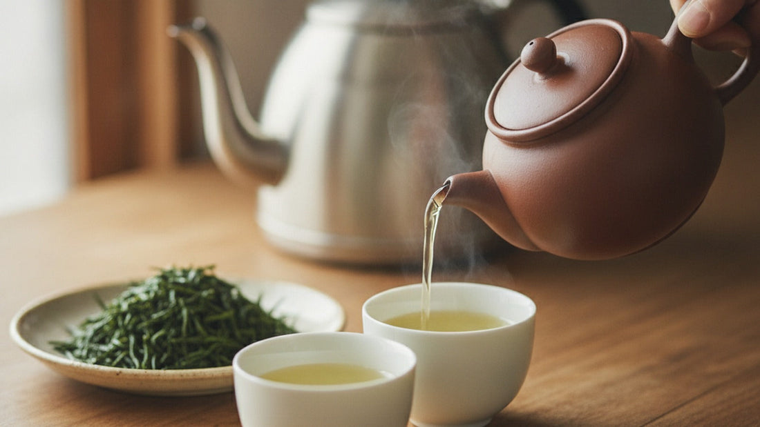 A small clay kyusu pouring pale green sencha into two white cups on a wooden tray, steam rising, a dish of dark green needle-shaped tea leaves beside it