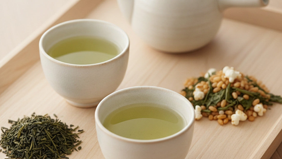 Two small handleless ceramic cups of pale green tea on a light wooden tray, one beside a small heap of dark rolled green tea leaves and the other beside green leaves mixed with toasted puffed rice