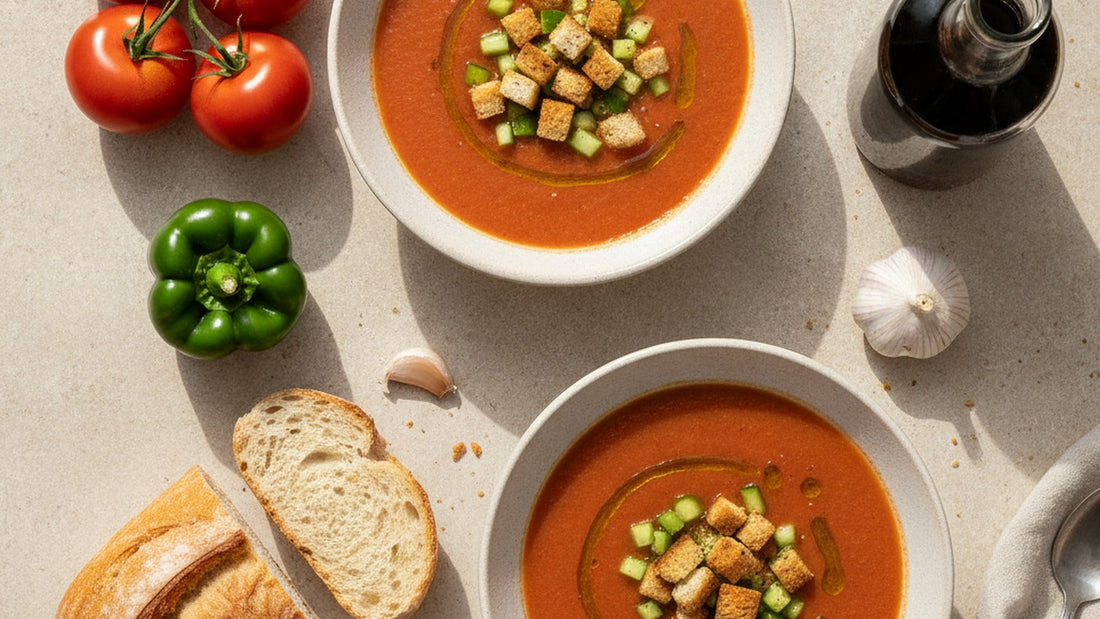 Two bowls of deep orange-red gazpacho finished with a thread of olive oil and diced cucumber and pepper, with ripe tomatoes, a halved green pepper and a small dark bottle of vinegar beside them