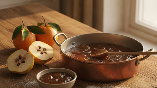 Halved quinces and whole Seville oranges beside a wide copper pan of simmering fruit preserve, with a wooden spoon and a small bowl of set jam on a worn wooden table