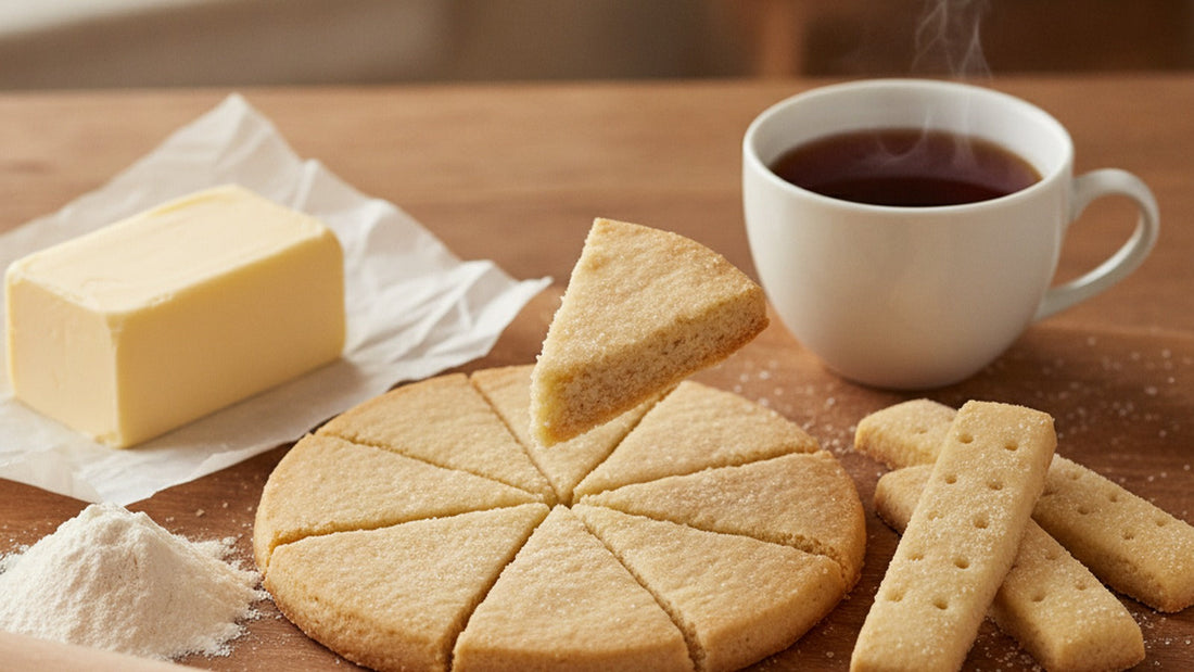 Pale golden shortbread fingers and a round of petticoat tails on a wooden board, one wedge snapped to show a fine sandy crumb, beside a block of butter, a scatter of flour and a cup of black tea