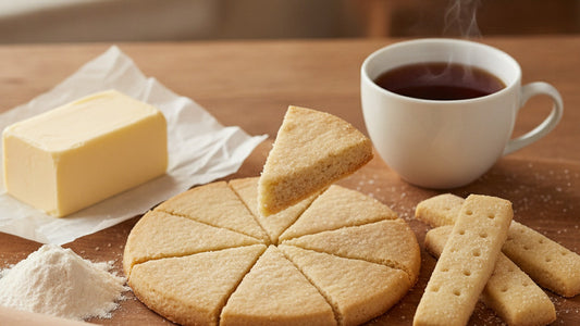 Pale golden shortbread fingers and a round of petticoat tails on a wooden board, one wedge snapped to show a fine sandy crumb, beside a block of butter, a scatter of flour and a cup of black tea