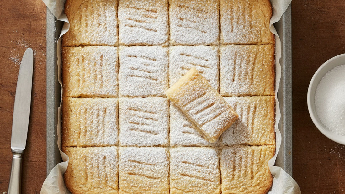 A parchment-lined square pan of pale, fork-pricked shortbread cut into fingers, two lifted loose to show a sandy crumb, fine sugar scattered on top