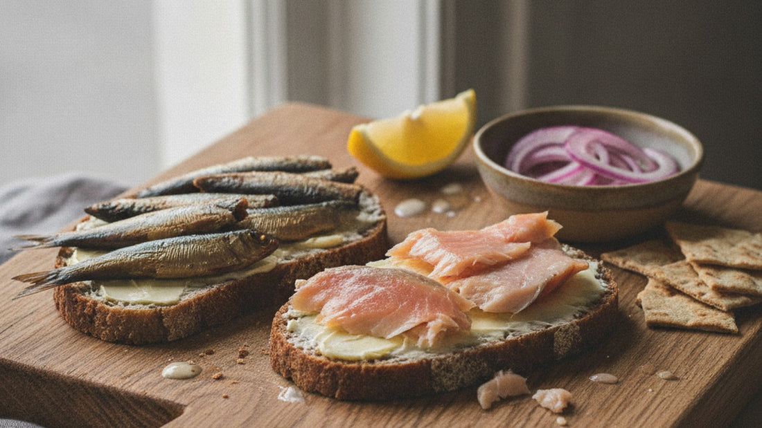 Whole bronze smoked sprats and flaked smoked trout on buttered dark rye bread, with pickled red onion and a lemon wedge on a worn wooden board