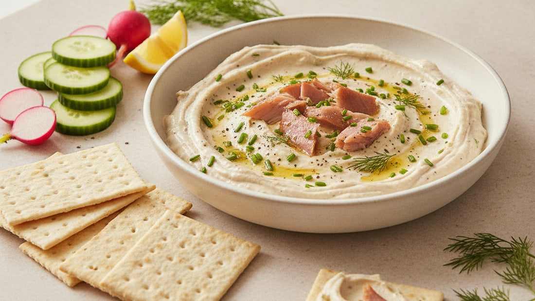 A shallow bowl of creamy smoked trout dip with visible flakes of pink fish, chopped dill and a thread of olive oil, with crackers, cucumber rounds and a lemon wedge beside it