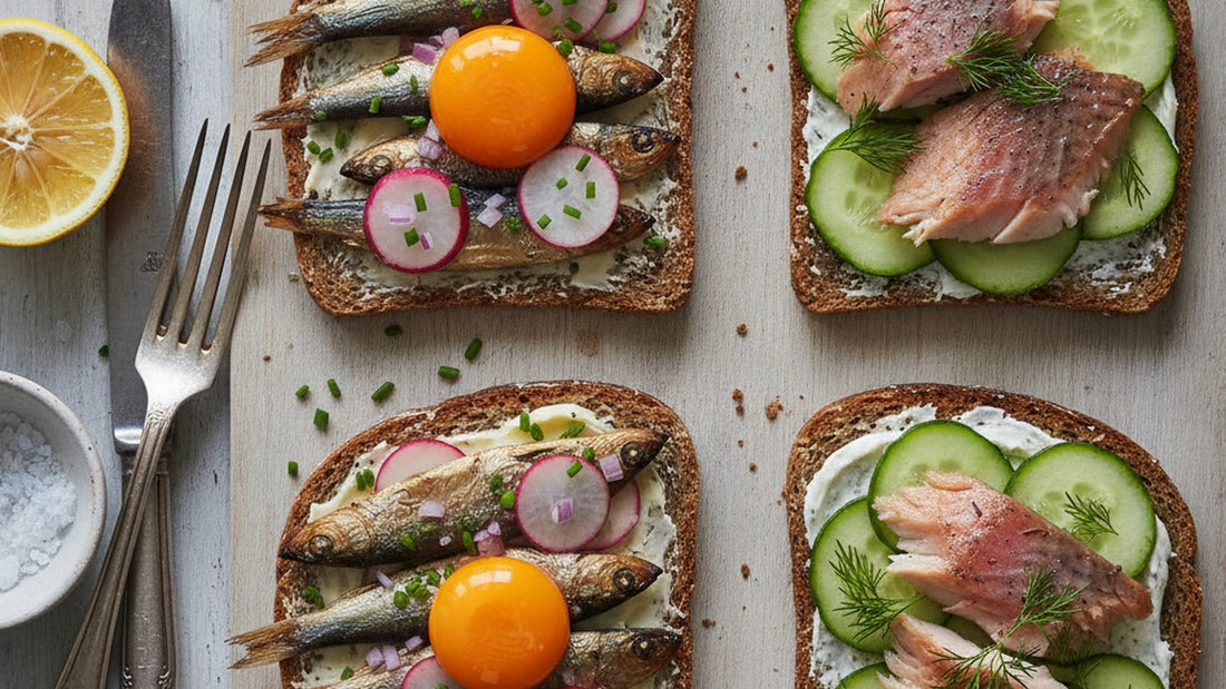 Two kinds of Danish open sandwich on dark rye: smoked sprats with radish, chives and a bright raw egg yolk, and flaked smoked trout over horseradish cream, cucumber and dill