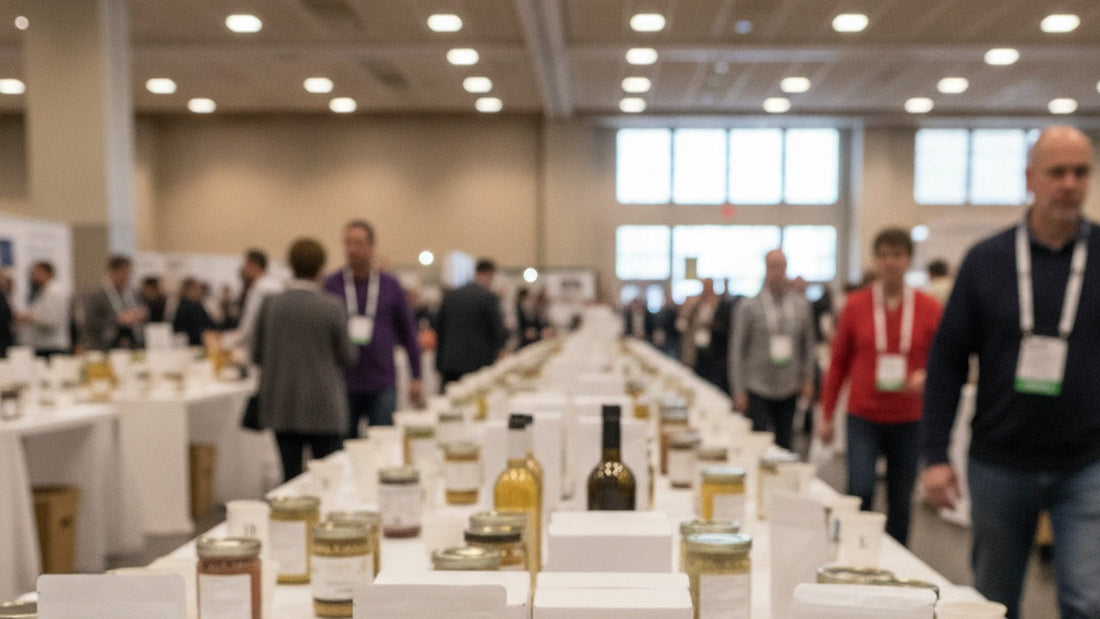 A crowded trade show aisle with booths of jars and tins under bright lights, a judging table in the foreground with numbered white cups and a scoring tablet, and a jar bearing a round gold sofi seal and another with a Good Food Award seal