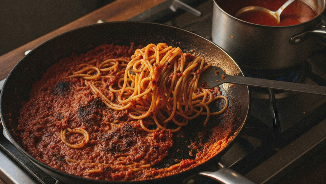 Spaghetti all'assassina in a black carbon-steel pan, deep red strands charred at the edges, with a thin metal spatula lifting a crusted section