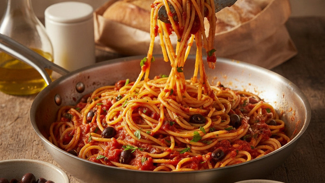 A wide pan of spaghetti in a glossy dark red tomato sauce studded with black olives and capers, tongs twisting a portion out of the pan