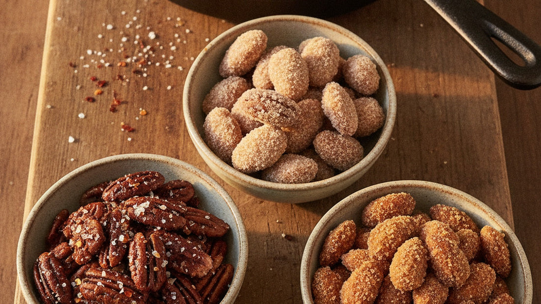 Three small bowls of spiced nuts on a wooden board: dark glossy butter-roasted pecans, pecans with a matte cinnamon-sugar shell, and almonds in a rough bronze sugar crust