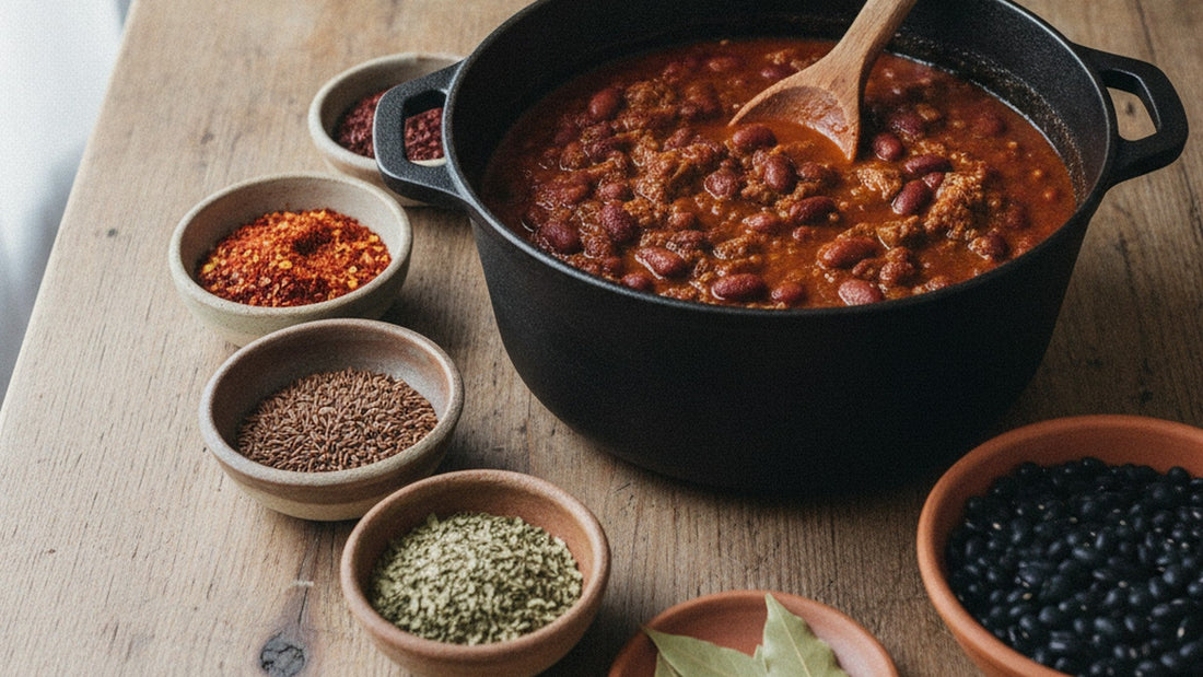 A cast iron pot of red bean chili with a wooden spoon, beside small bowls of red chile flakes, dark red chile flakes, cumin seeds, dried oregano and bay leaves, and a bowl of dry black beans on a wooden table