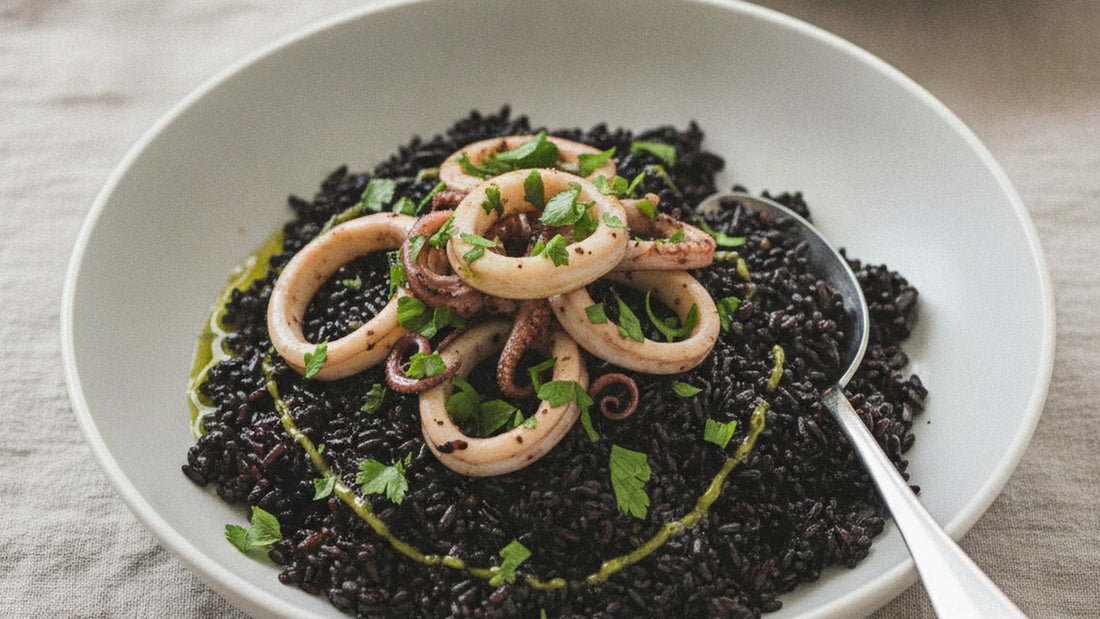 A shallow white bowl of glossy jet-black rice with rings of squid, chopped parsley, a thread of green olive oil and a lemon wedge