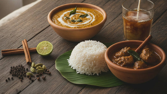 A clay bowl of golden lentil dhal and a dark black-pepper chicken curry beside white rice on a banana leaf, with cinnamon quills, green cardamom pods, cloves and black peppercorns scattered on dark wood and a glass of amber tea