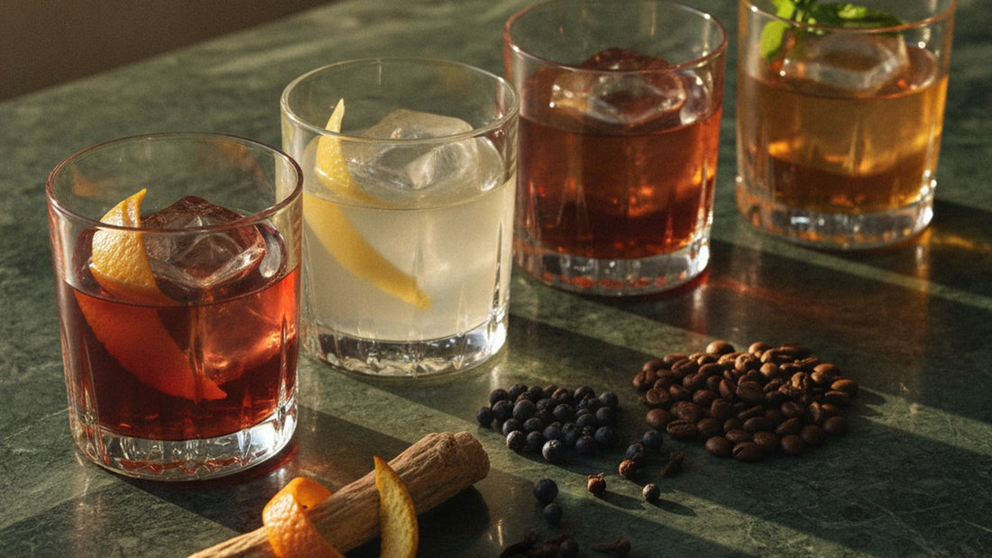 Four rocks glasses over ice on a dark marble bar: one deep red with an orange twist, one pale straw-colored and clear, one dark brown-red, one amber, with a gentian root, orange peel and a few juniper berries beside them