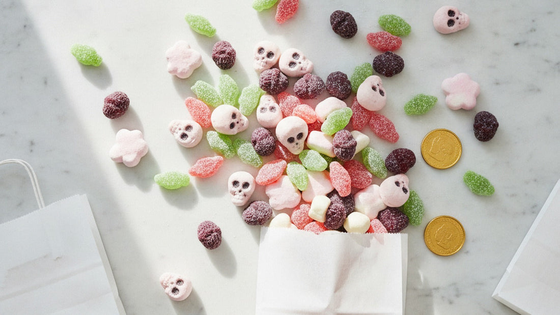 A pick-and-mix spread of Swedish candy with sour elderflower fish, raspberry and licorice skulls, foam clouds, gold coins and sour diamonds on a marble counter