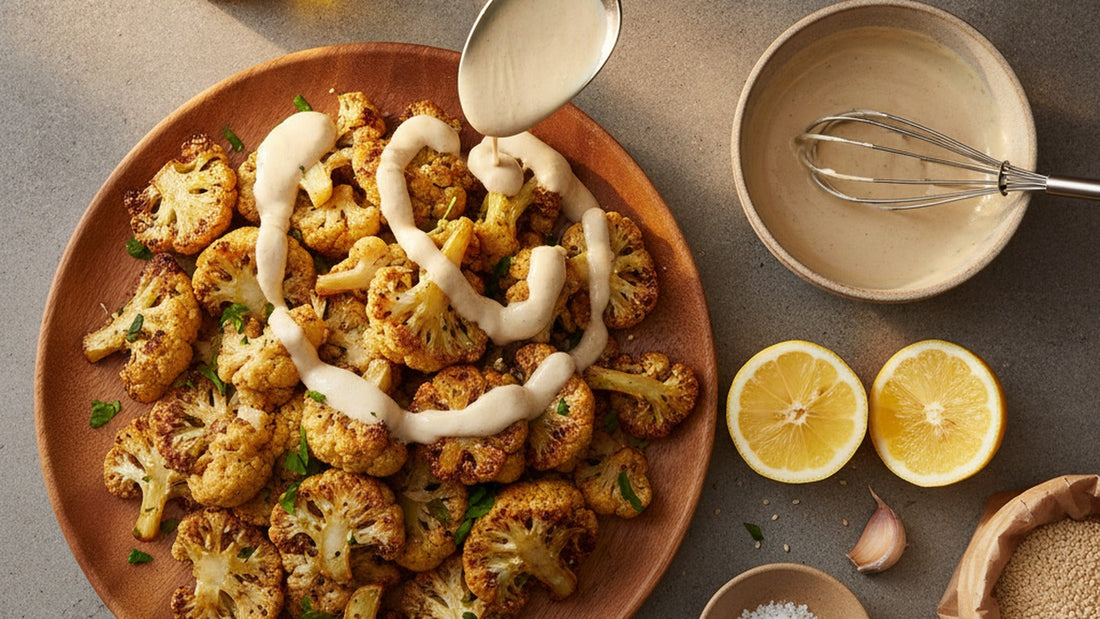 A spoon drizzling pale tahini sauce over a platter of deeply roasted cauliflower, with a whisk in a bowl of the ivory sauce, halved lemons, a garlic clove and scattered sesame seeds alongside