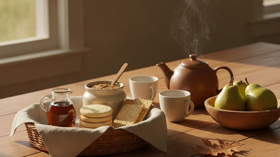 A shallow woven basket on a farmhouse table in late autumn light, holding a small pitcher of maple syrup, a stack of shortbread, a jar of grainy mustard and a pot of tea beside a bowl of pears