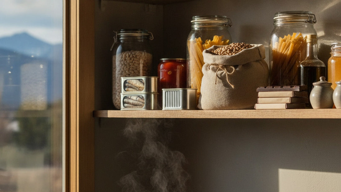 A pantry shelf of glass jars of beans and pasta, tinned fish and a burlap sack, with mountains through the window