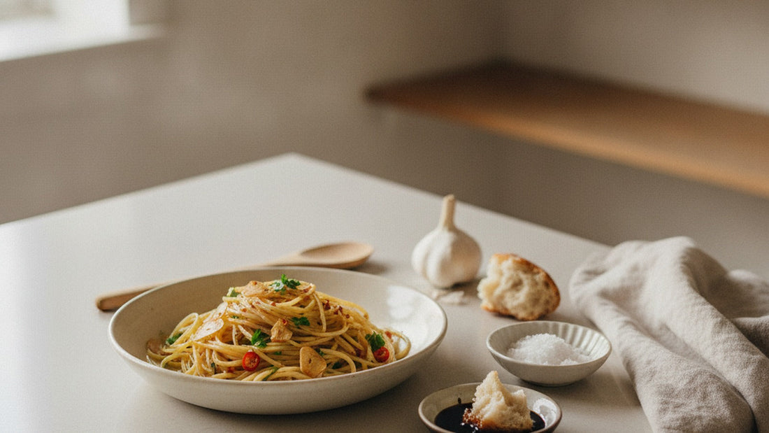 A bowl of spaghetti with golden garlic, chile and parsley on a bare kitchen counter, beside a dish of flaky sea salt, a dish of dark balsamic with torn bread and a head of garlic