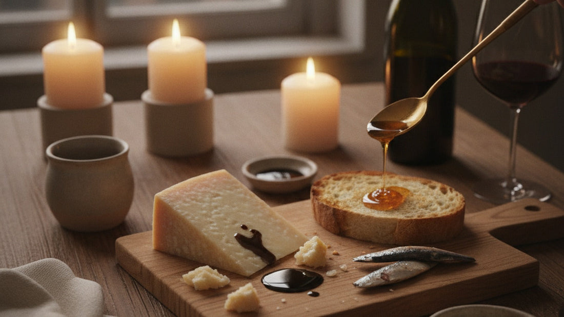 The end of a dinner on a wooden table: a wedge of Parmigiano with dark drops of balsamic, a spoon of honey over toast, sardines on bread and a small dish of pale sugar pastilles by candlelight