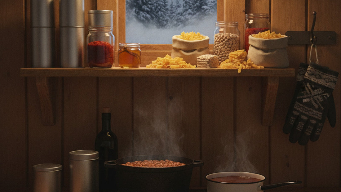 A pine-walled cabin kitchen shelf stocked with tins, jars and bags, a pot of beans on a wood stove, snow visible through a small window, and a row of mugs beside a saucepan of drinking chocolate