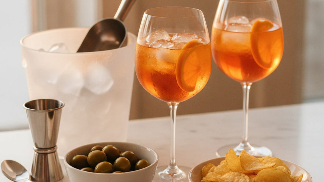 Two wine glasses of bright orange spritz over large ice cubes with orange half-wheels, beside a bowl of green olives and a dish of potato chips on a marble table in evening light