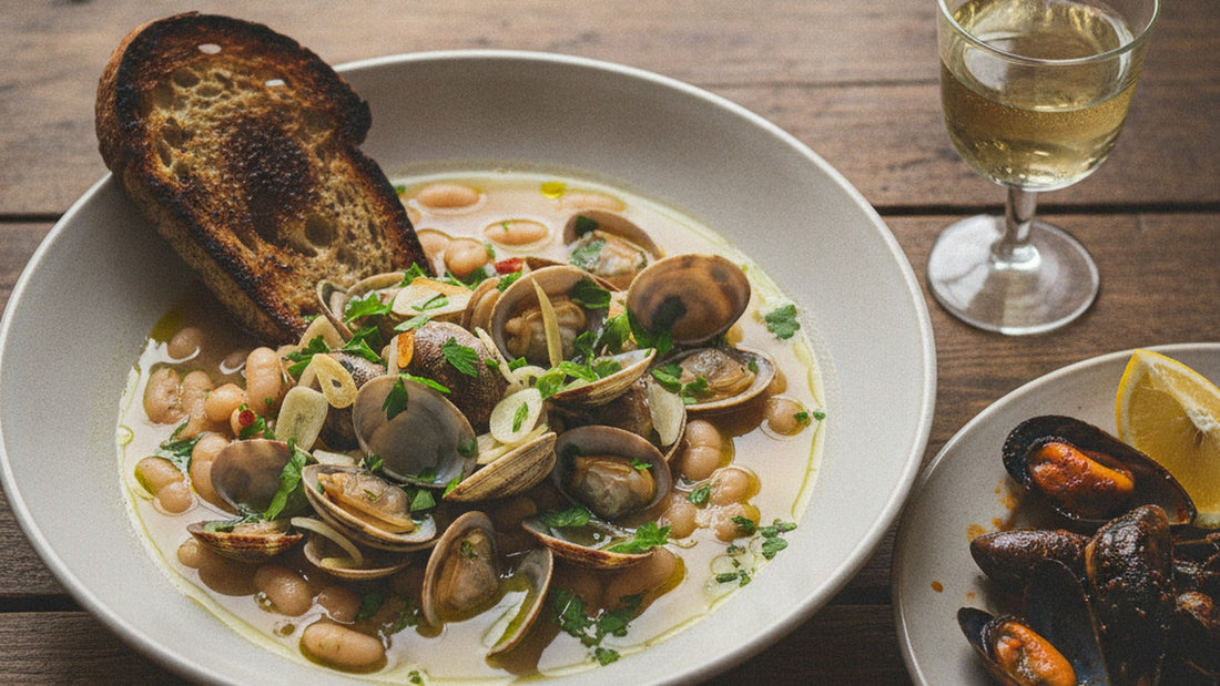 A shallow bowl of white beans in a pale garlicky broth with small clams and cockles, parsley and olive oil, over a thick slice of toasted country bread