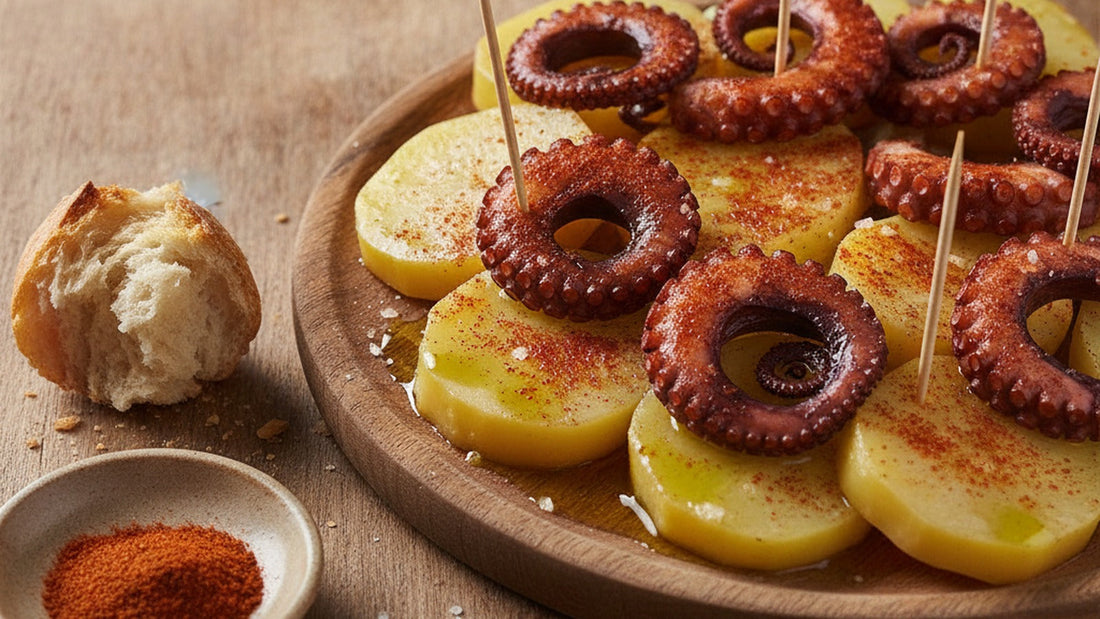 A round wooden plate of sliced boiled potatoes topped with pieces of octopus, dusted red with pimentón, glossy with olive oil and scattered with coarse salt, toothpicks stuck in a few pieces