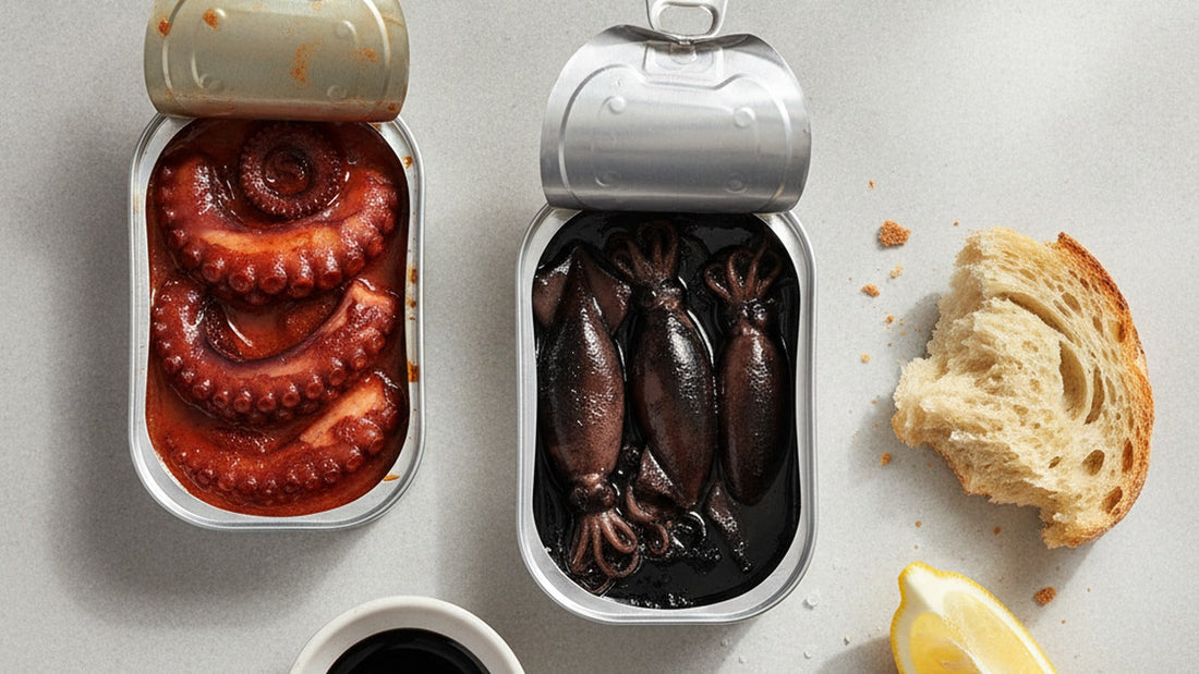 Two opened tins on a pale stone surface, one of octopus pieces in a red paprika sauce and one of small whole squid in black ink, beside a small dish of ink, a torn piece of bread and a lemon wedge