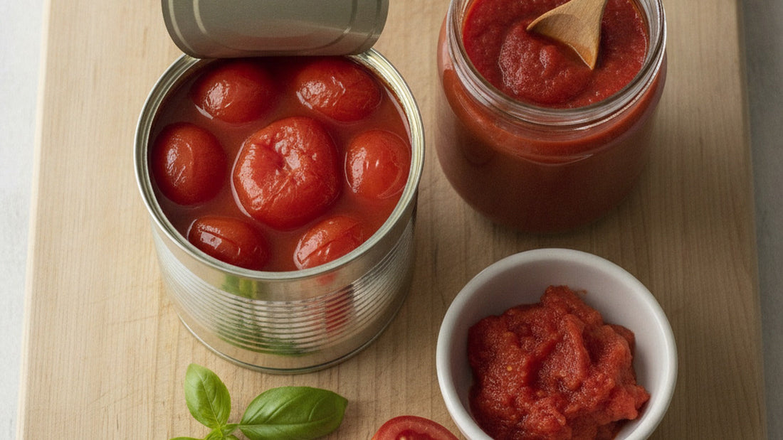 An opened tin of whole peeled plum tomatoes in their juice beside a glass jar of smooth red passata and a small bowl of crushed tomatoes on a wooden board, a wooden spoon, a sprig of basil and a halved fresh tomato at the edge