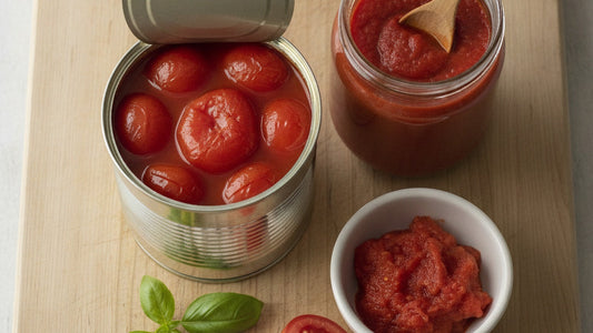 An opened tin of whole peeled plum tomatoes in their juice beside a glass jar of smooth red passata and a small bowl of crushed tomatoes on a wooden board, a wooden spoon, a sprig of basil and a halved fresh tomato at the edge