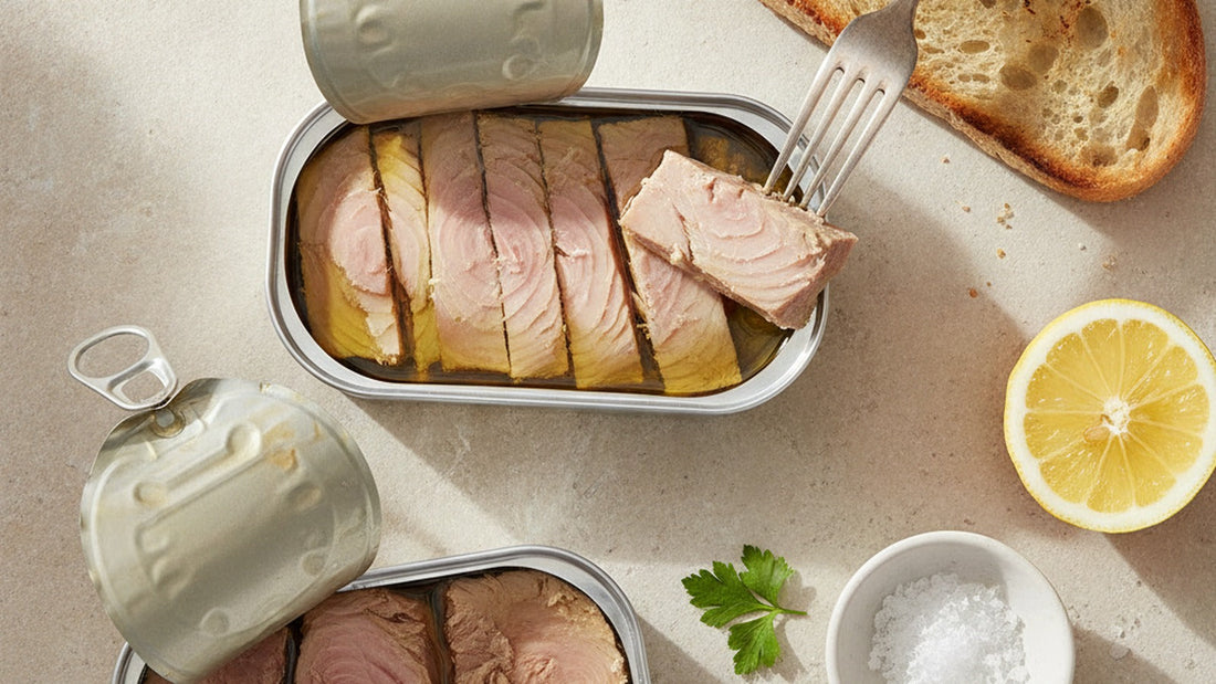 An opened tin of ventresca tuna with pale fillets glistening in olive oil, a fork lifting one fillet onto a slice of grilled bread, a lemon half and a small dish of flaky salt beside it
