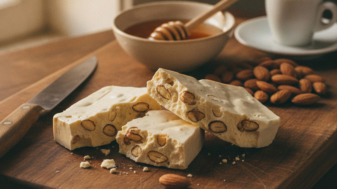 A slab of white almond nougat broken into rough shards on a wooden board, toasted almonds showing in the broken faces, beside a small bowl of honey, a scatter of whole almonds and an espresso cup