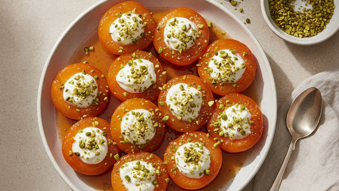 A shallow white dish of glossy poached apricots, each split open and filled with thick white cream, the cream edges dipped in bright green chopped pistachio, amber syrup pooled beneath