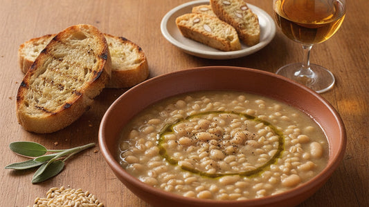 A bowl of thick farro and white bean soup finished with green olive oil, beside grilled bread rubbed with garlic, a sprig of sage and a saucer of almond biscotti with a small glass of amber wine