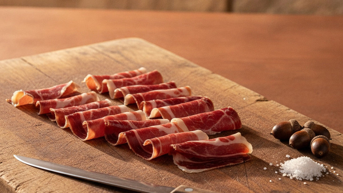 Thin hand-carved slices of jamón ibérico, deep red with fine white marbling, draped on a wooden board beside a long slender carving knife and a small scatter of acorns