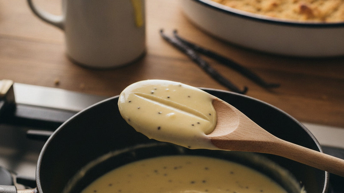 A wooden spoon coated in pale yellow vanilla custard flecked with tiny black seeds, a clean line drawn through the coating, held over a small saucepan