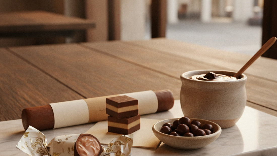 An assortment of Venchi-style Italian chocolates arranged on a marble slab: a wedge of gianduiotto in gold-and-red foil, layered cremino squares, dark chocolate pearls in a small ceramic dish, a chocolate cigar in ivory wrap and a pot of chocolate...