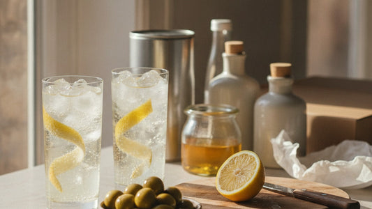 Two tall glasses of pale straw-colored vermouth and tonic packed with ice, fine bubbles rising, a long curl of lemon peel in each, beside a small bowl of bright green olives
