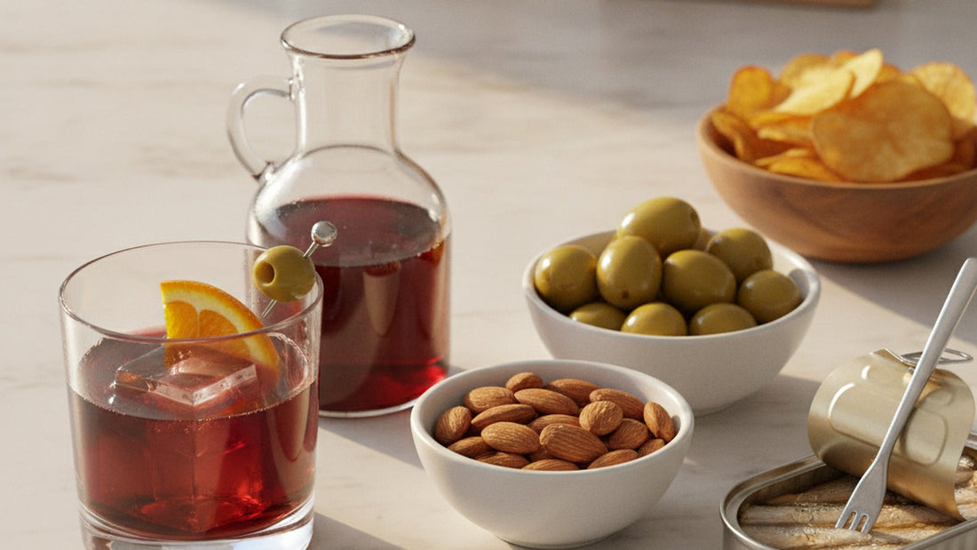 A rocks glass of garnet-red vermouth over a large clear ice cube with an orange half-wheel and a skewered green olive, beside bowls of olives and salted almonds and an open unlabeled tin of fish on a marble counter