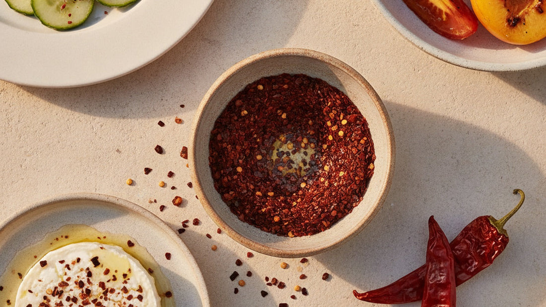 A small ceramic bowl of glossy dark-red Aleppo pepper flakes beside sliced cucumbers, a round of goat cheese dusted with red flakes, and halved peaches with tomato wedges on a pale stone surface