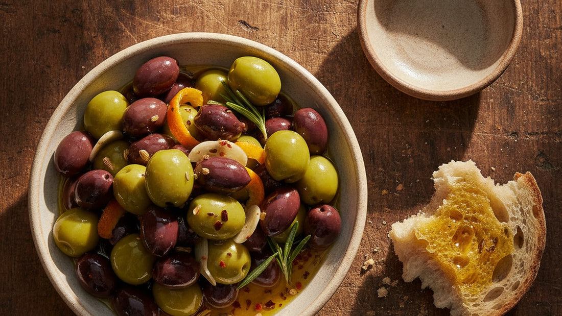 A shallow ceramic bowl of mixed green and purple-black olives glossy with warm olive oil, strips of orange peel, slices of garlic, rosemary sprigs and flecks of red chile
